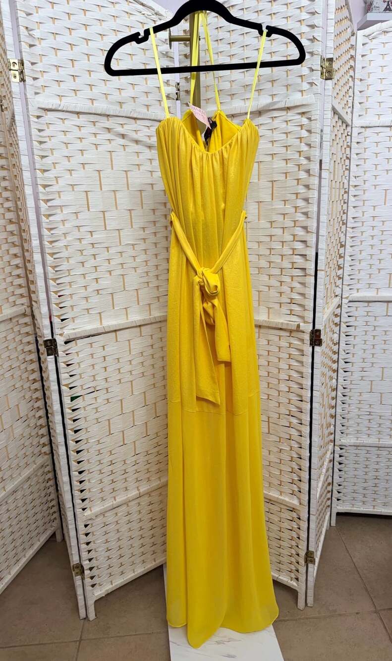 BCBGMAXAZRIA Maras Halter Maxi Dress Size 0 Yellow Chiffon Belted Gown
